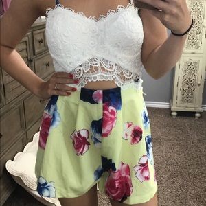 Yellow floral and lace romper